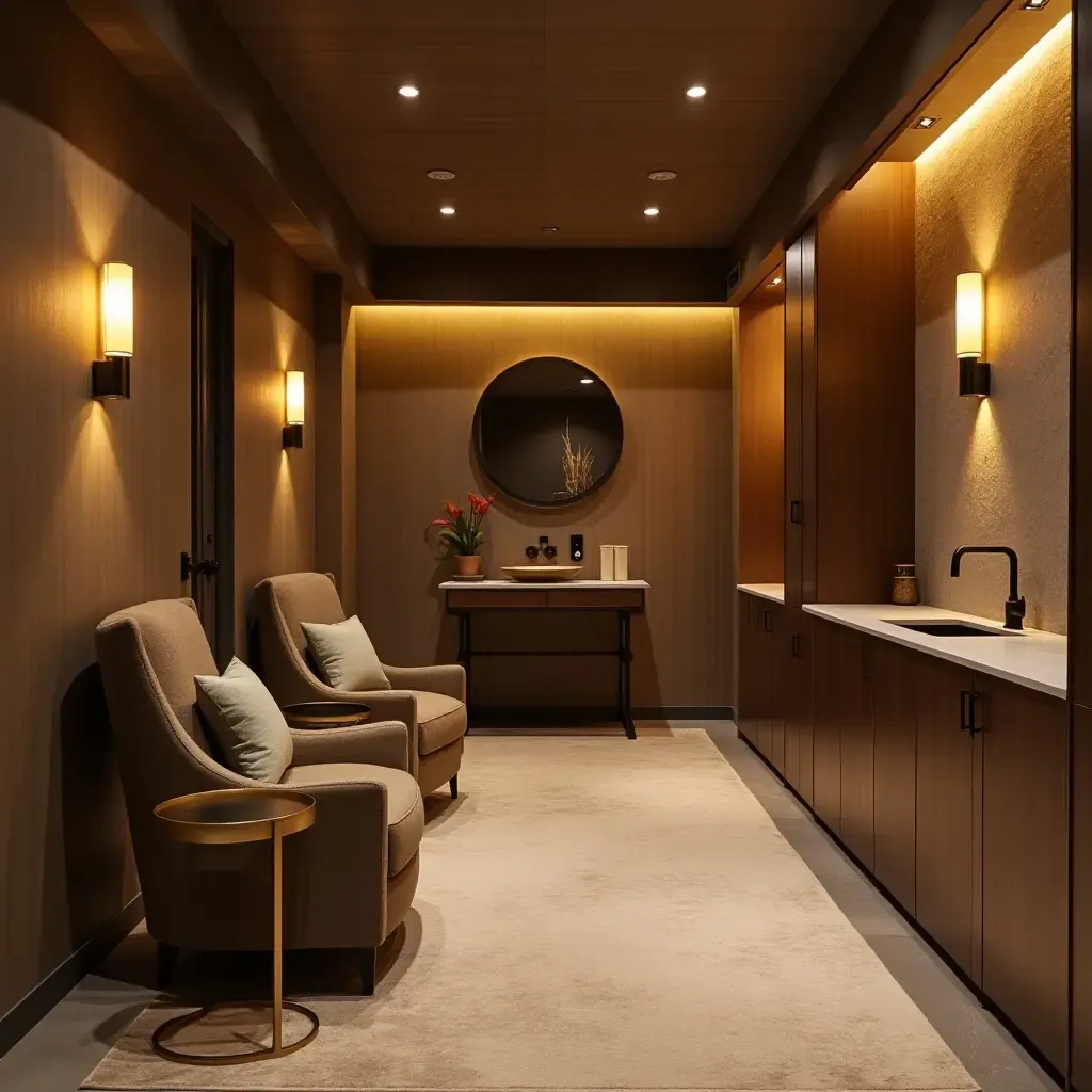 a photo of a cozy basement with bronze metallic lighting fixtures