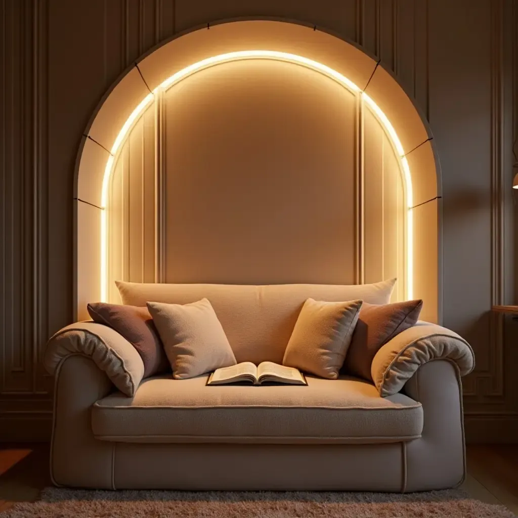 a photo of a cozy reading nook in a teen&#x27;s room with elegant lighting and plush pillows