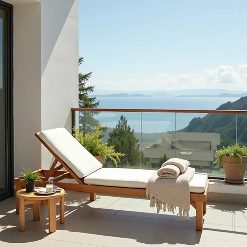 a photo of a balcony featuring a wooden sun lounger and towels