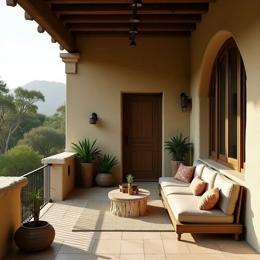 a photo of a rustic balcony with earthy brown and olive green accents