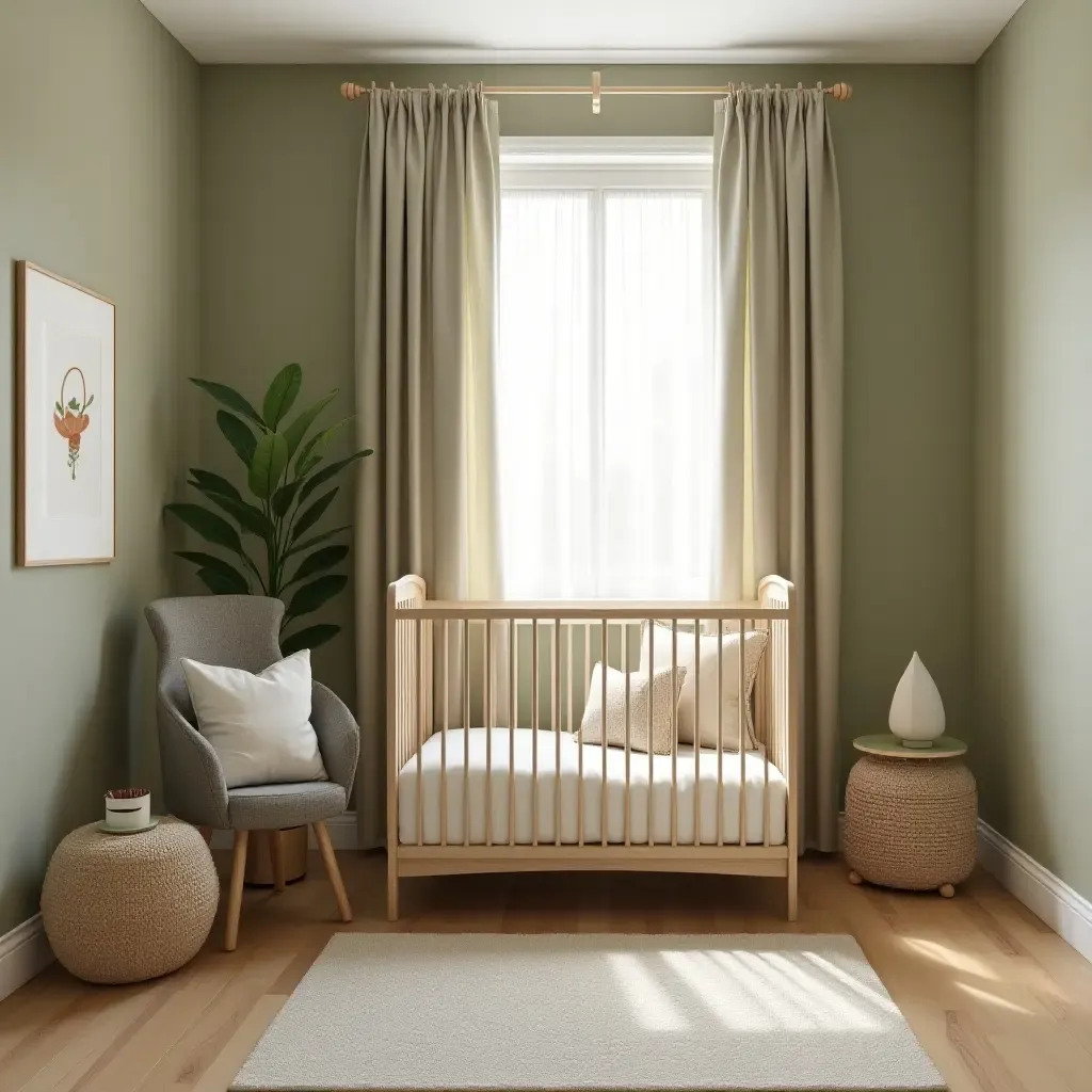 a photo of a nursery featuring earthy olive green and light tan