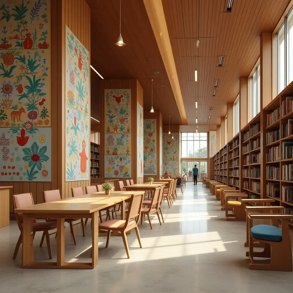 a photo of a library incorporating local art and cultural elements in design