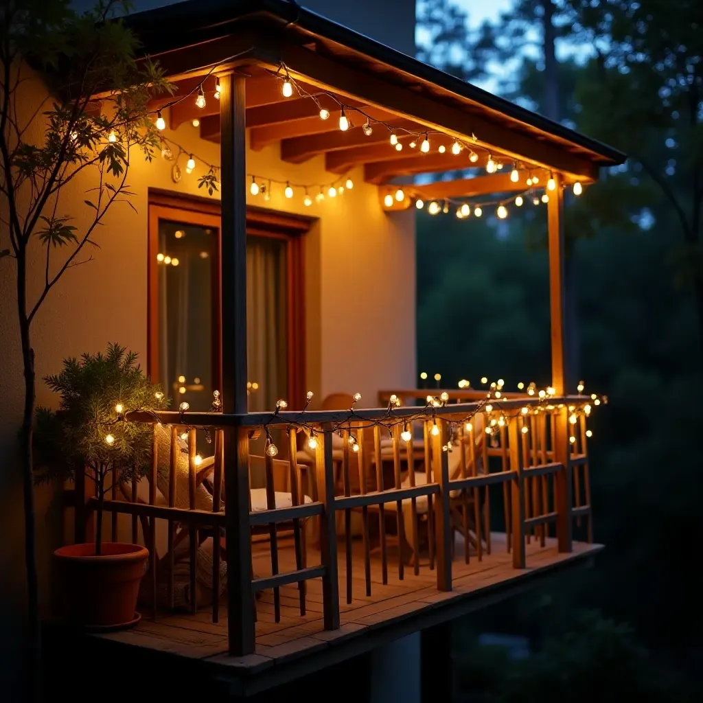 a photo of a balcony showcasing a cozy nook with fairy lights