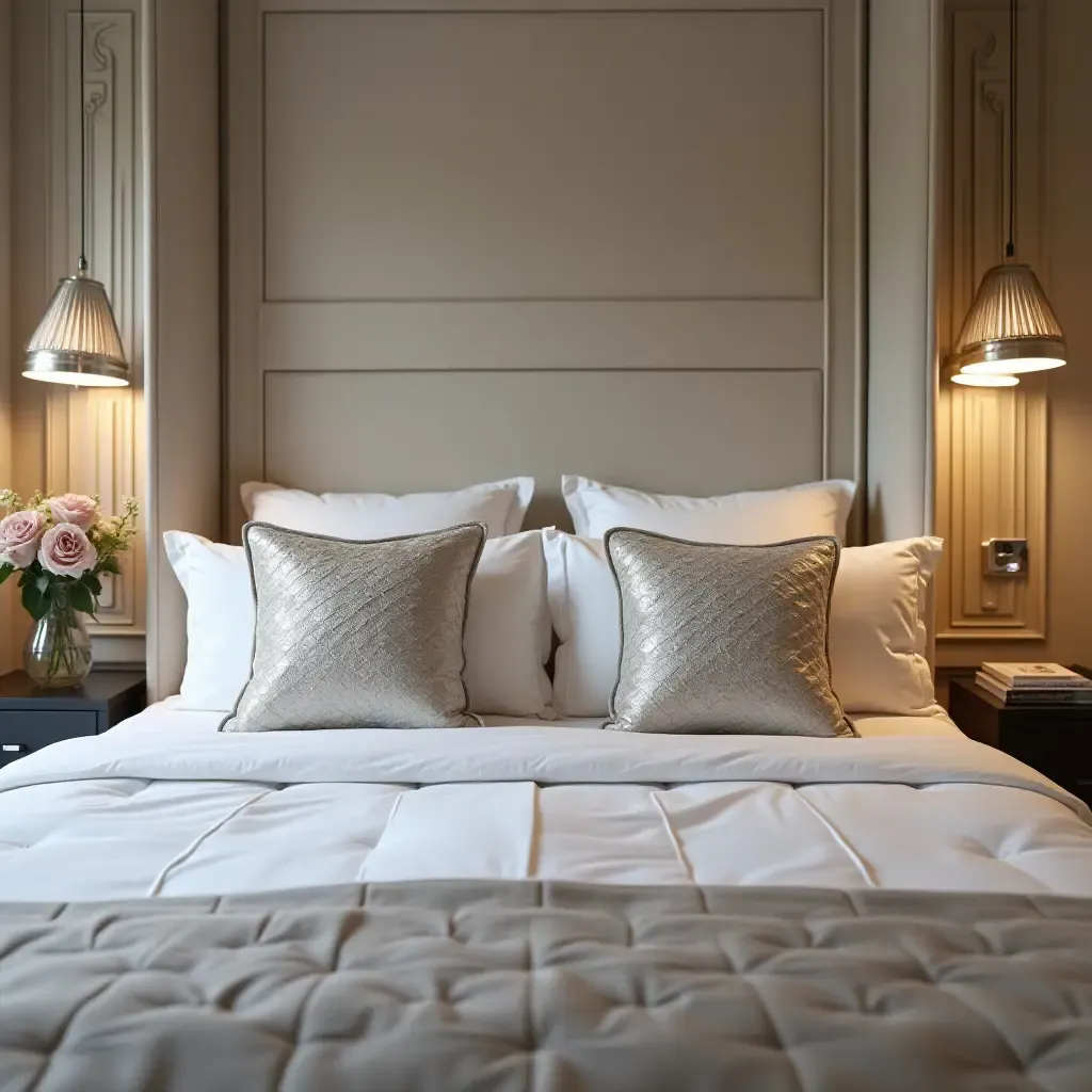 a photo of a glamorous bedroom with silver accent pillows