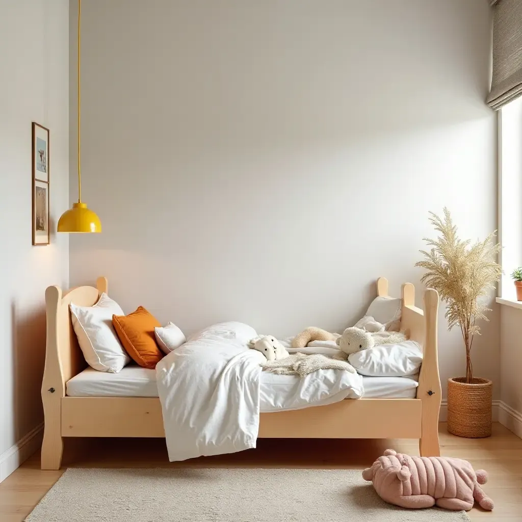 a photo of a playful Scandinavian-style bedroom with a unique bed design and bright accents