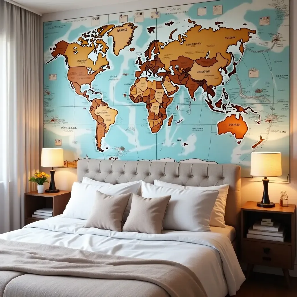 a photo of a travel-themed bedroom with a gallery wall of world maps and postcards