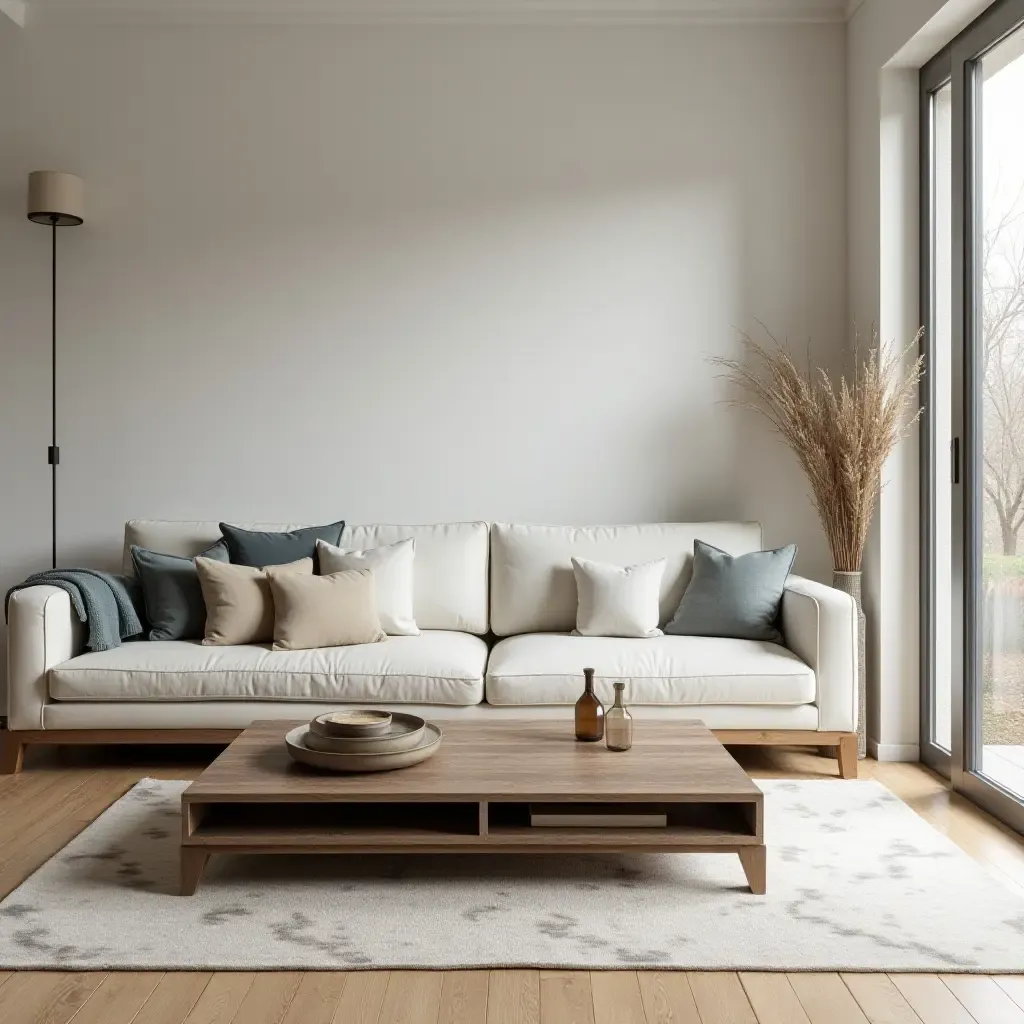 a photo of a sleek modern space with a rustic vintage coffee table and minimal decor