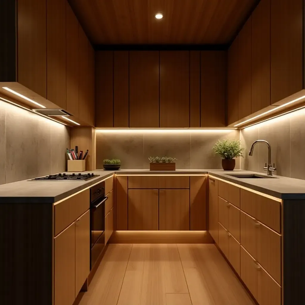 a photo of wooden cabinets with warm lighting in a cozy kitchen