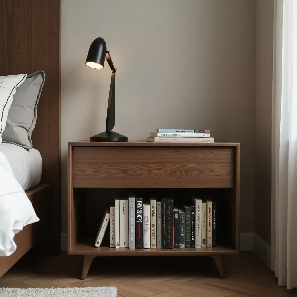 a photo of a nightstand showcasing a curated collection of books