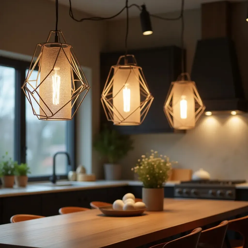 a photo of geometric pendant lights in a stylish kitchen setting