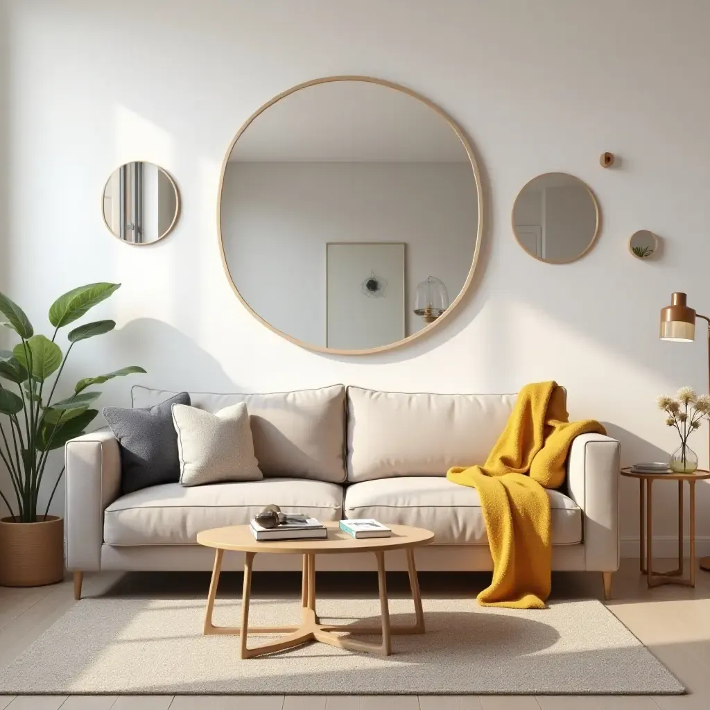 a photo of a playful living room with fun-shaped mirrors enhancing the space