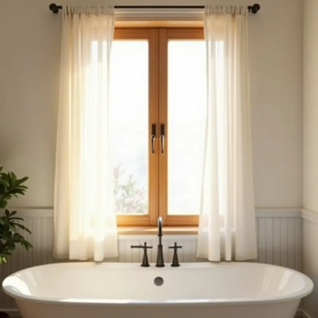 a photo of a wooden window frame with sheer curtains in a bright bathroom