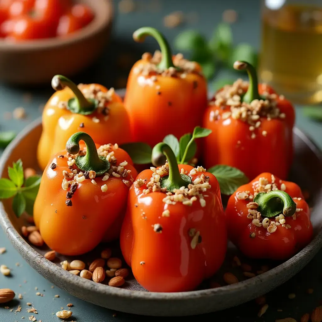 a photo of vibrant chiles en nogada stuffed with nuts and fruits