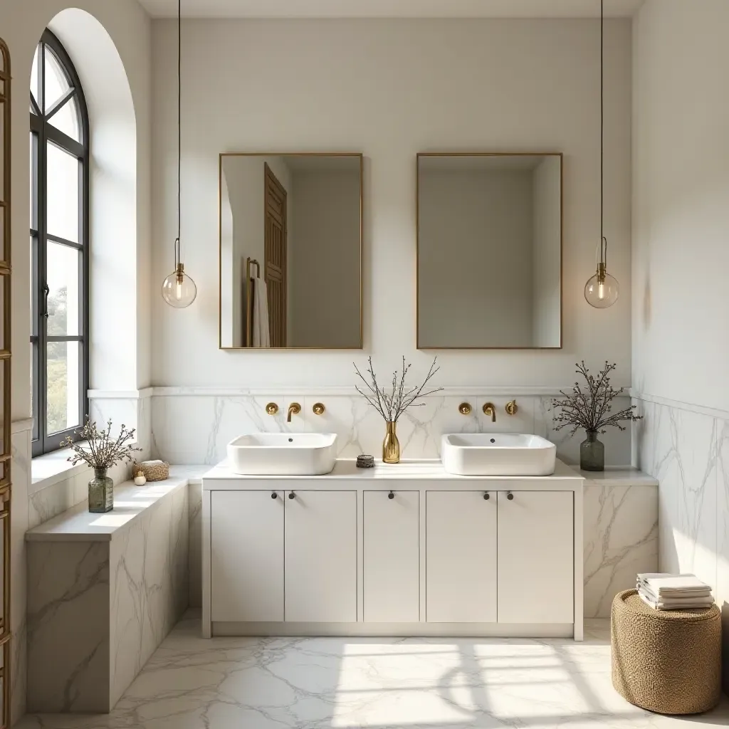 a photo of a chic bathroom with gold accents and Mediterranean flair