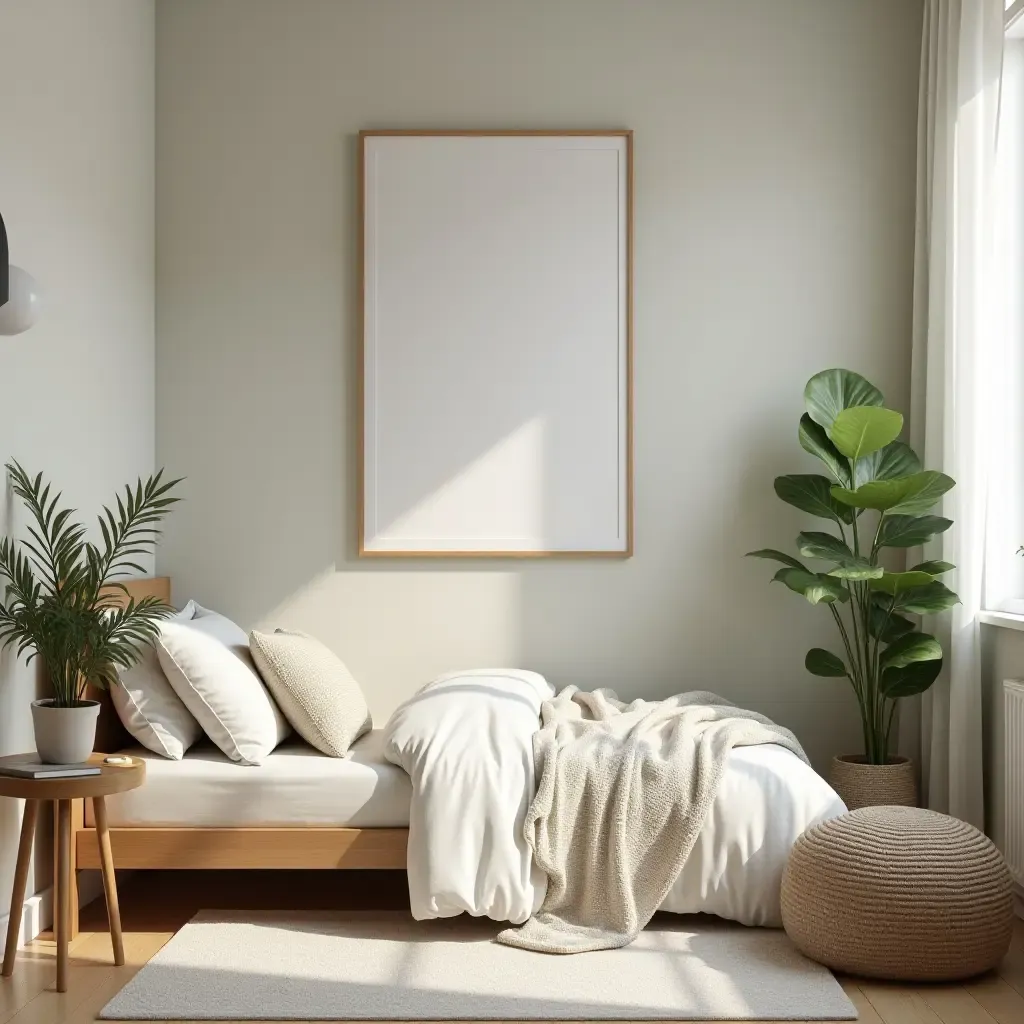 a photo of a serene bedroom for kids with a comfortable reading area and plants