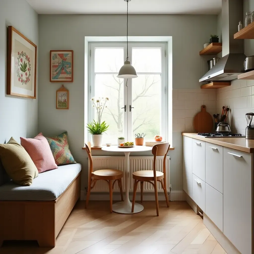 a photo of a small kitchen with a cozy breakfast nook and playful decor