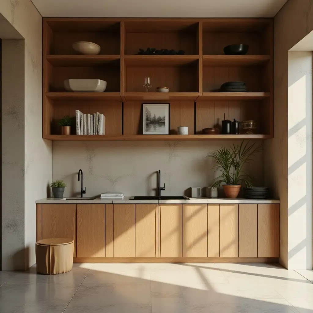 a photo of open shelving with layered textures and warm wood finishes