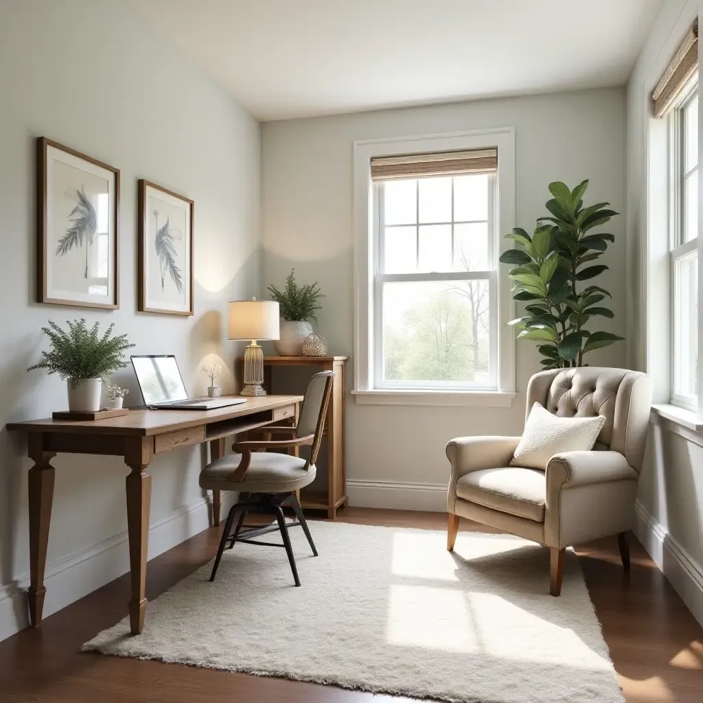 a photo of a stylish basement office featuring farmhouse decor and natural light