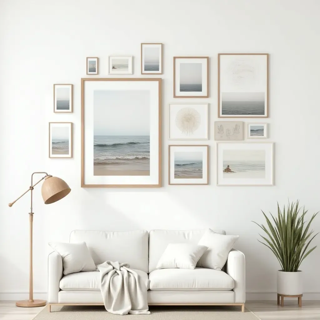 a photo of a gallery wall with a coastal vibe using beach-themed art