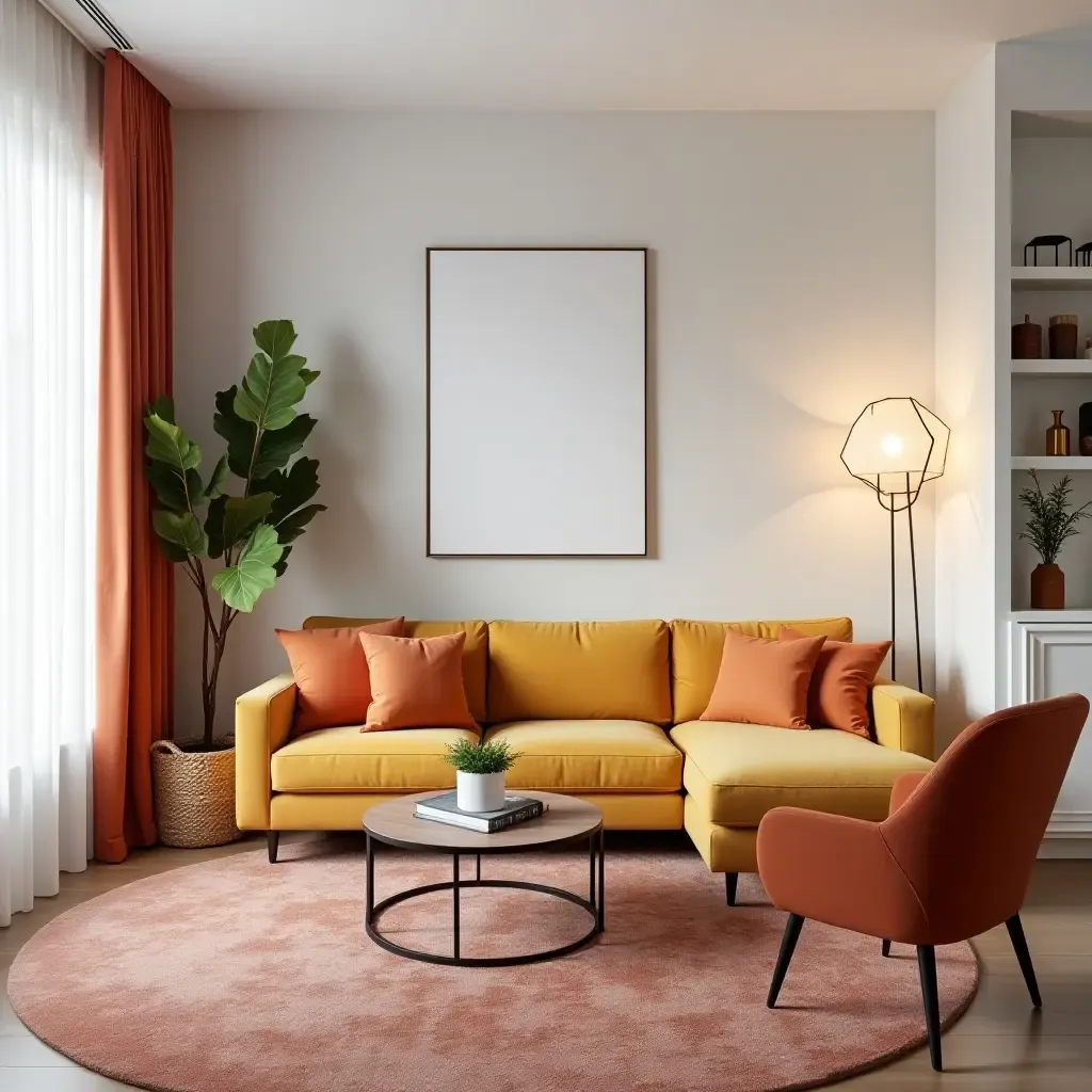 a photo of a stylish small living room with bright color accents