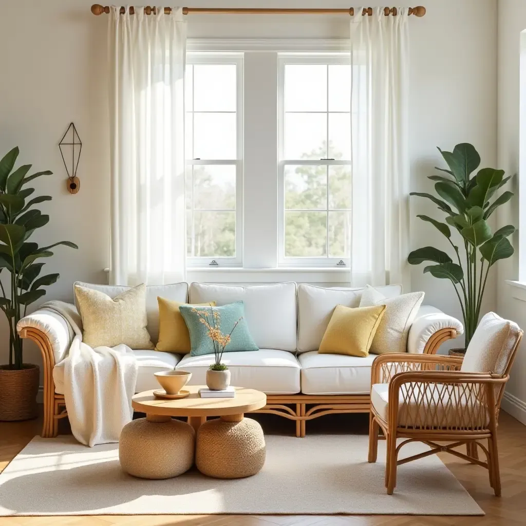 a photo of a living room decorated with pastel colors and wicker furniture