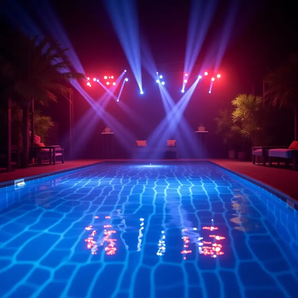 a photo of a festive pool party with colorful disco lights