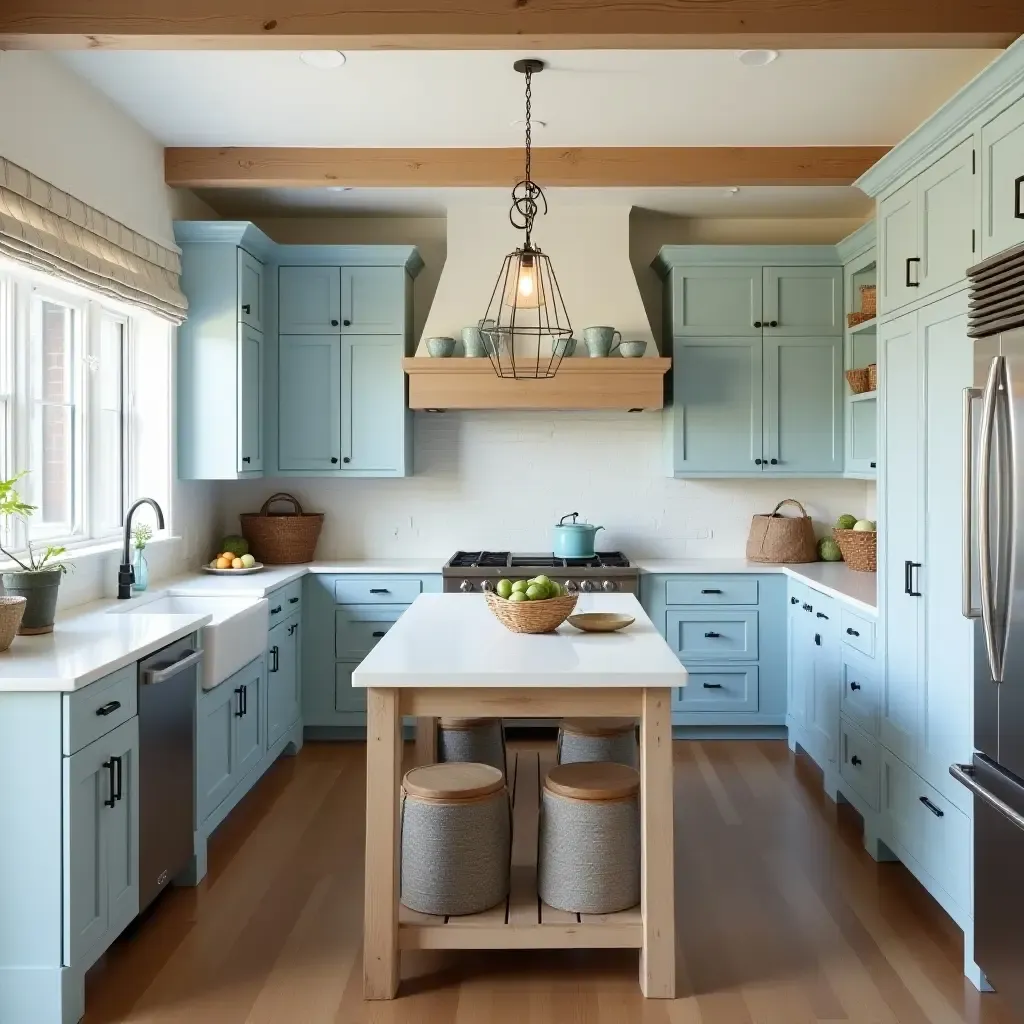 a photo of a coastal-themed kitchen featuring soft blues and natural textures