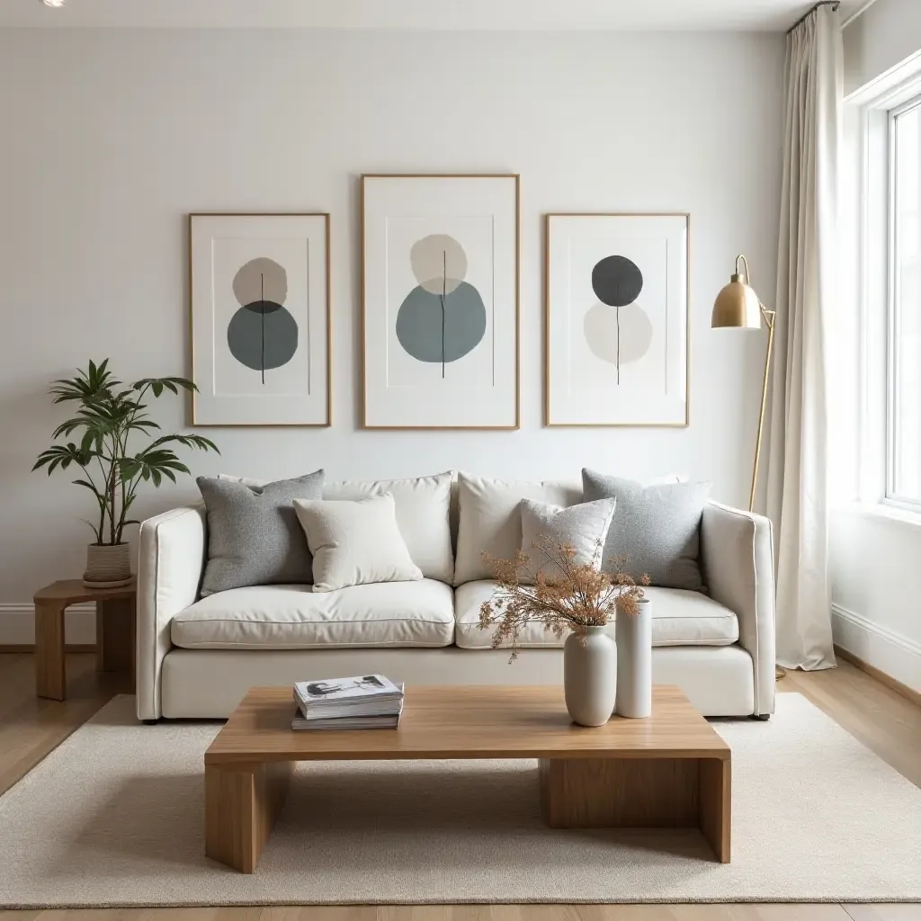 a photo of a layered coffee table display with art prints and decorative objects