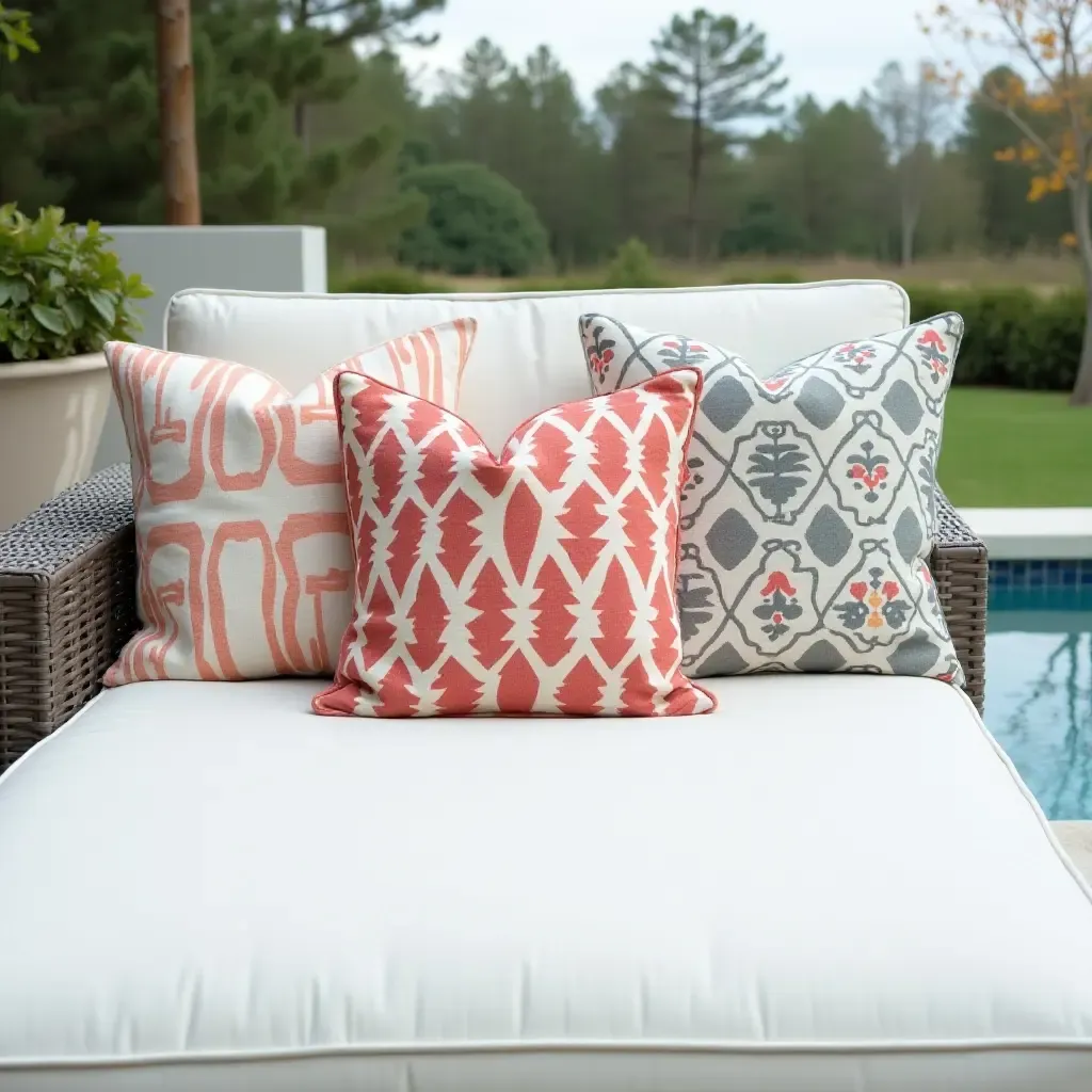 a photo of patterned throw pillows enhancing a modern poolside setting