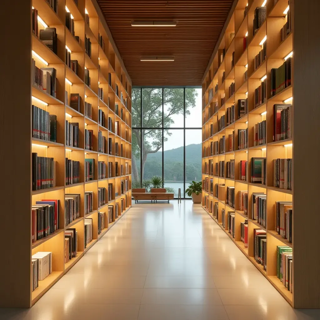 a photo of a sustainable library design with eco-friendly materials and lighting