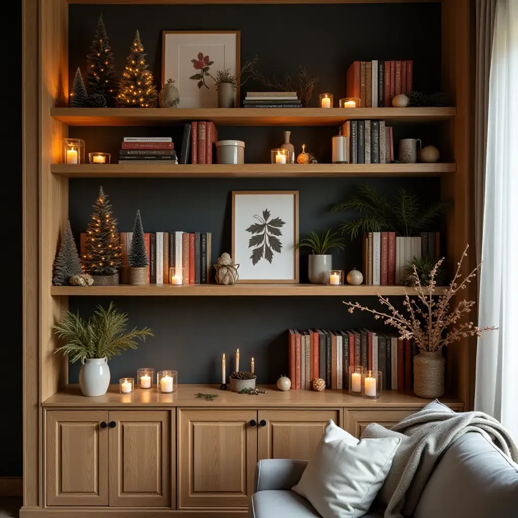 a photo of a bookshelf decorated with seasonal elements and holiday decor