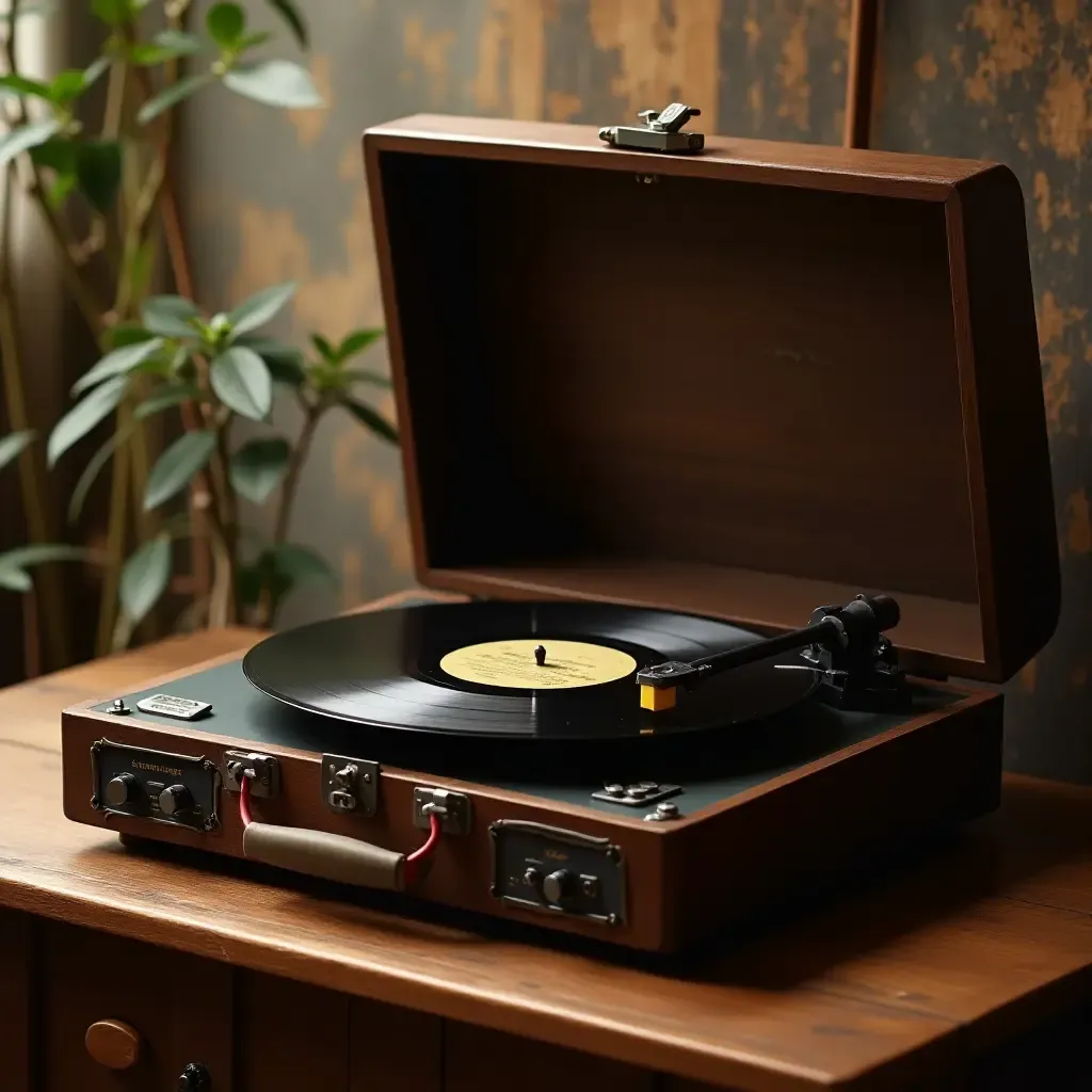 a photo of a vintage record player with vinyl records displayed