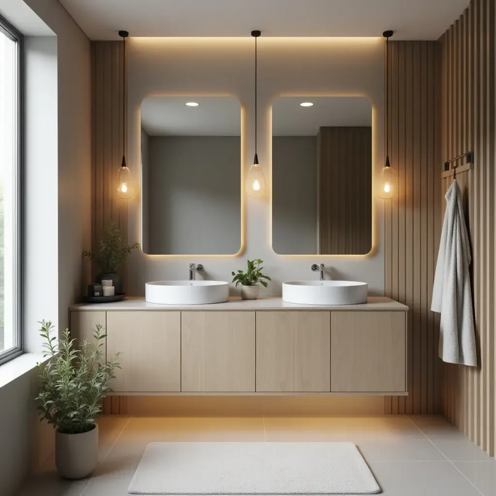 a photo of a contemporary bathroom with sleek lines and chic storage solutions