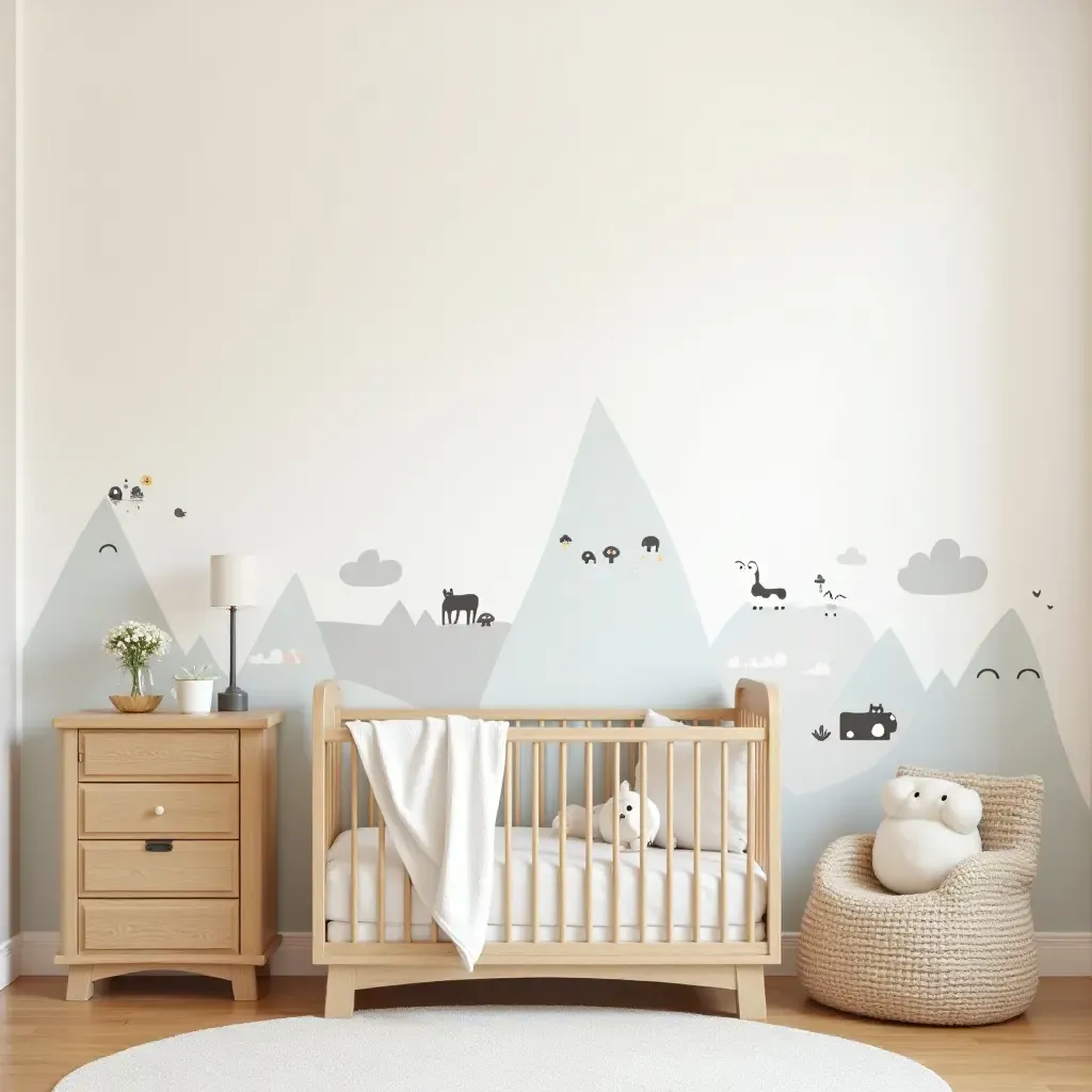 a photo of a playful nursery with fabric wall decals and wooden furniture