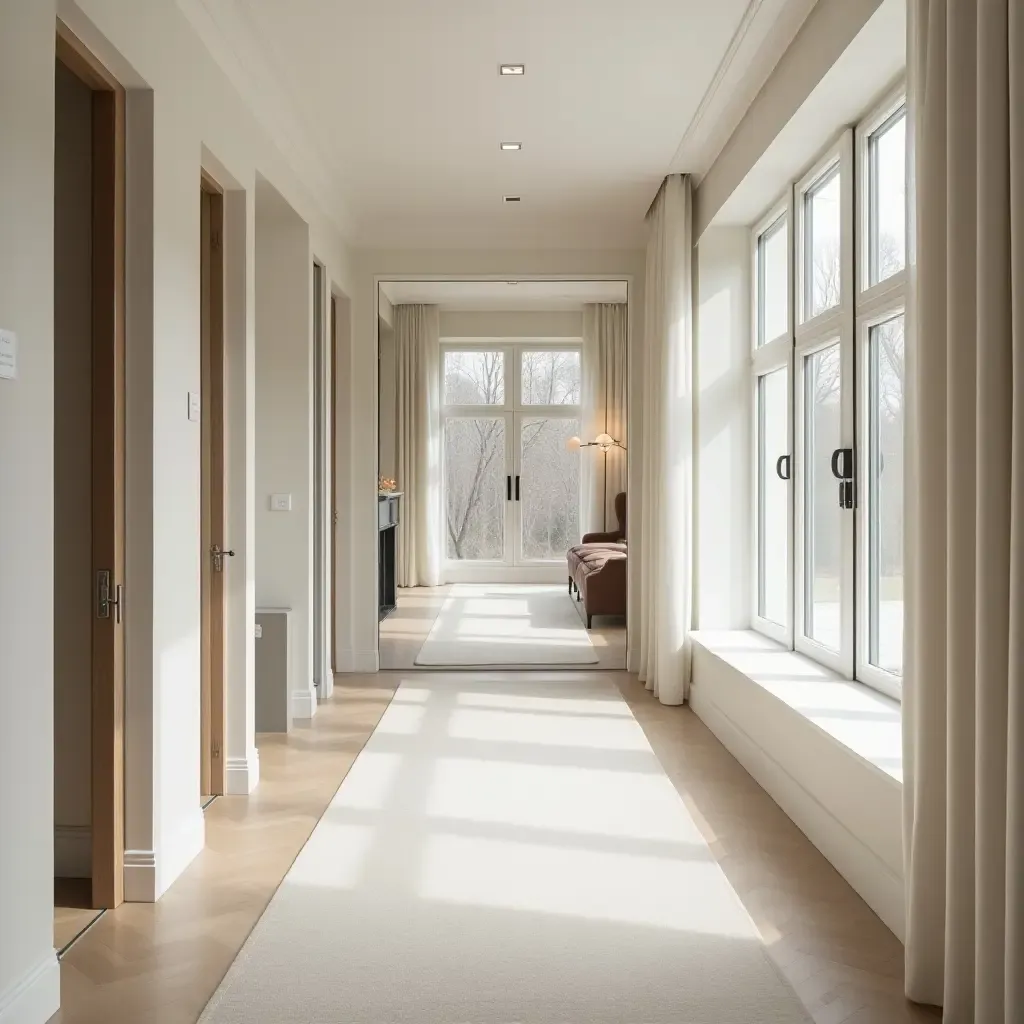 a photo of a Scandinavian corridor with large mirrors reflecting natural light