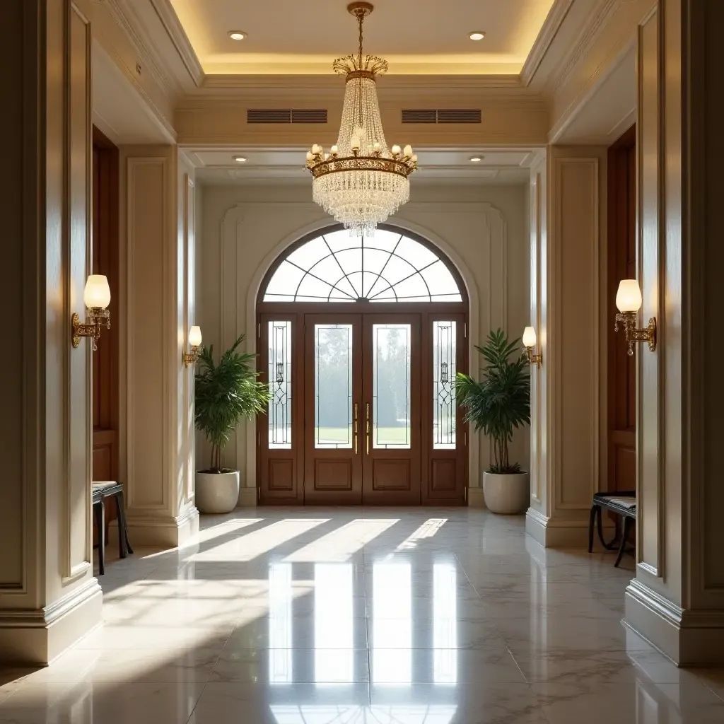 a photo of an elegant entrance hall featuring a grand chandelier and marble flooring