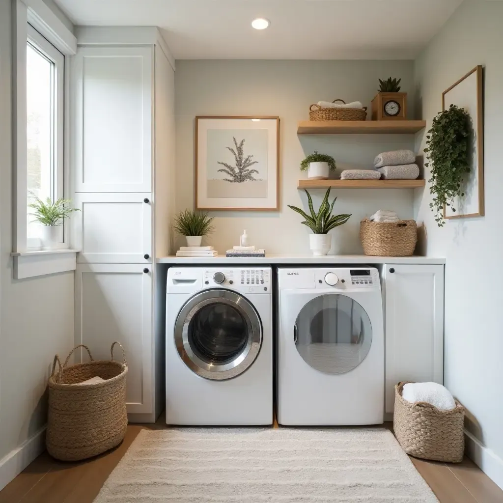 a photo of a light-filled basement laundry room with Scandinavian organization and style