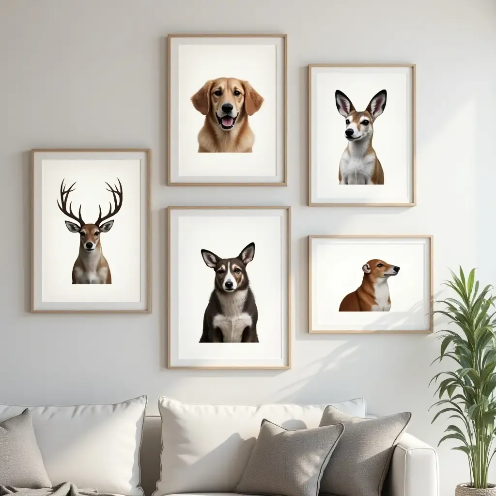 a photo of a gallery wall showcasing a collection of unique animal art