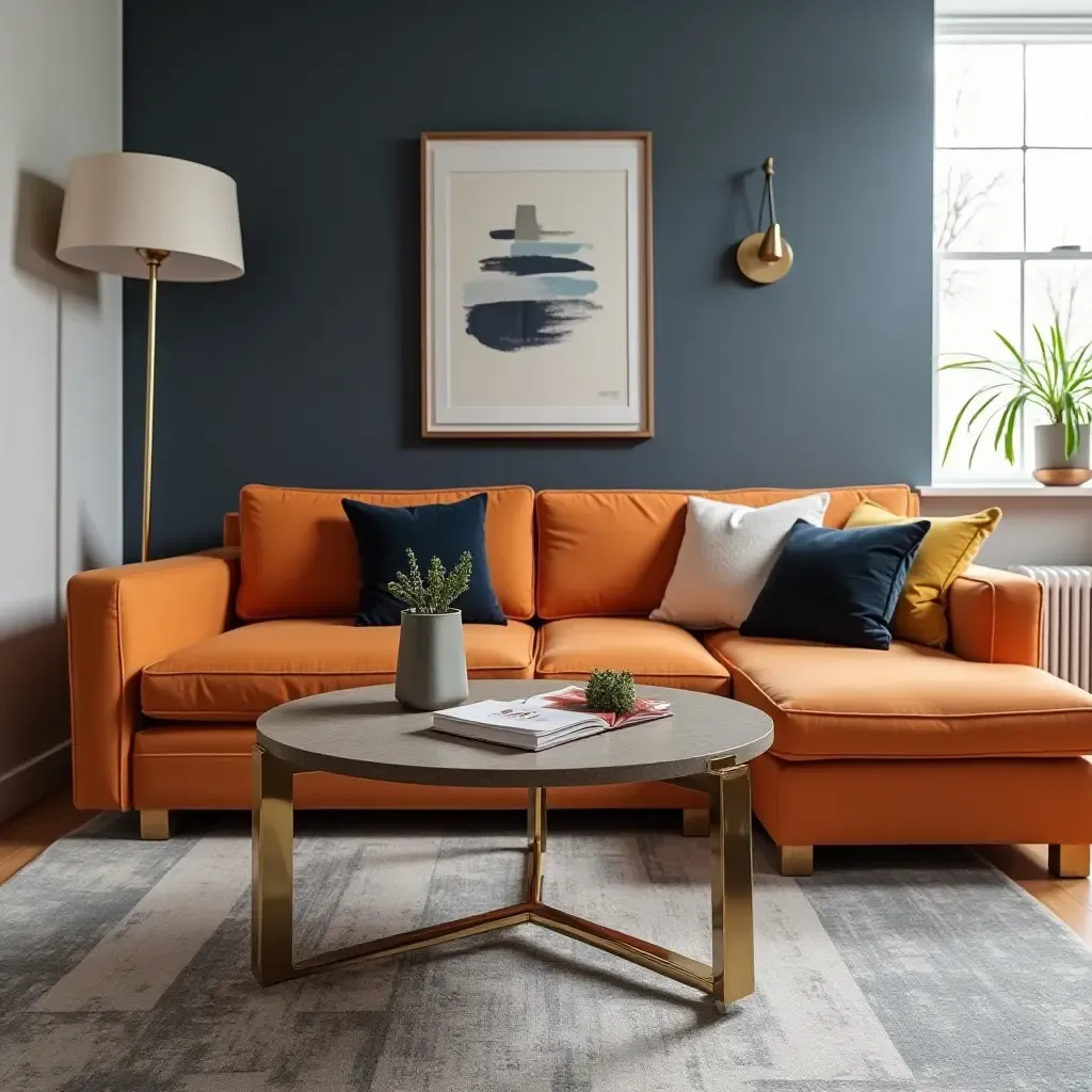 a photo of a chic coffee table in an orange and navy living room