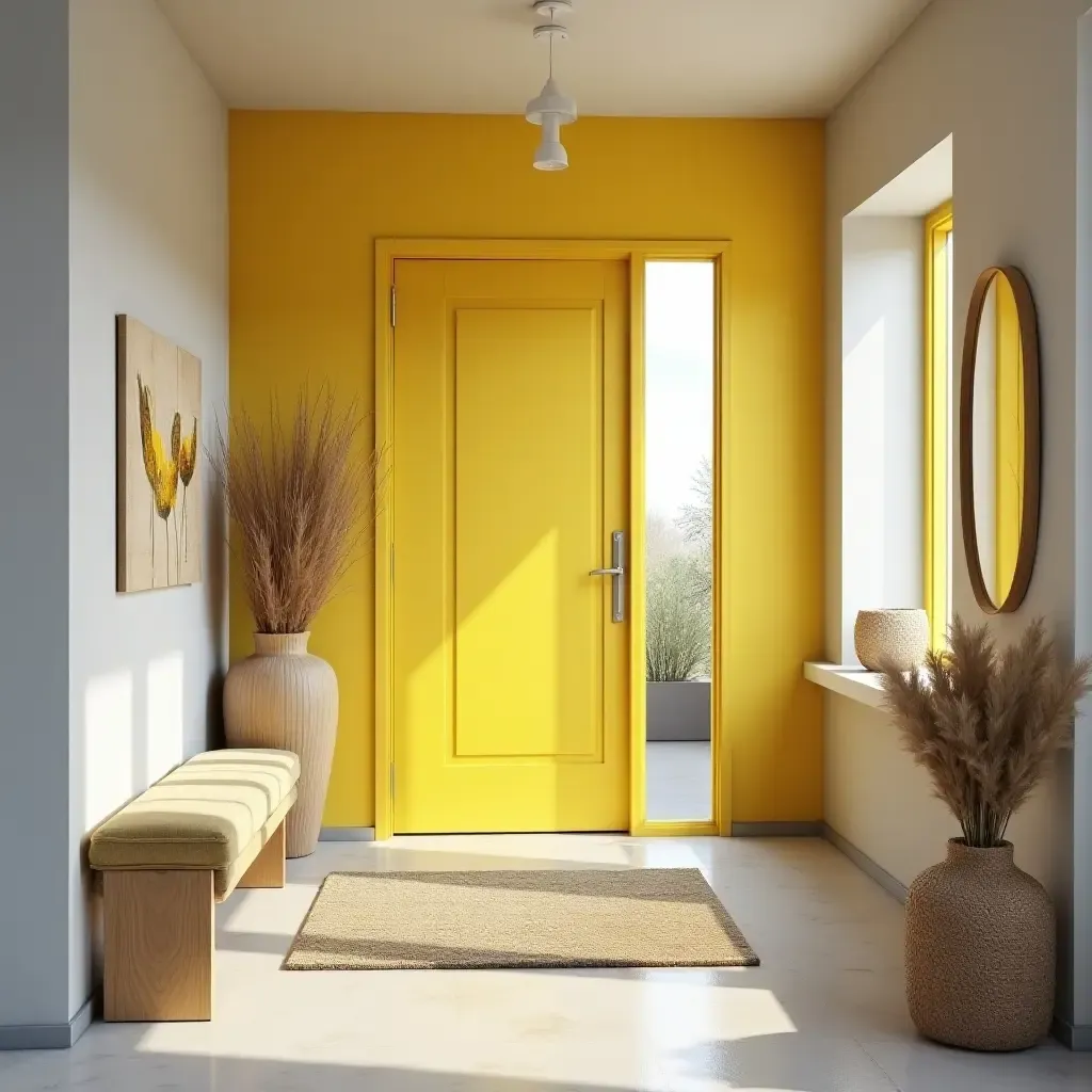 a photo of a cheerful sunflower yellow and soft gray entrance hall with bright decor