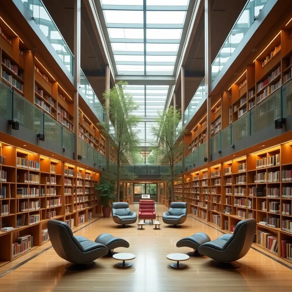 a photo of a library with a central atrium for natural light and gathering