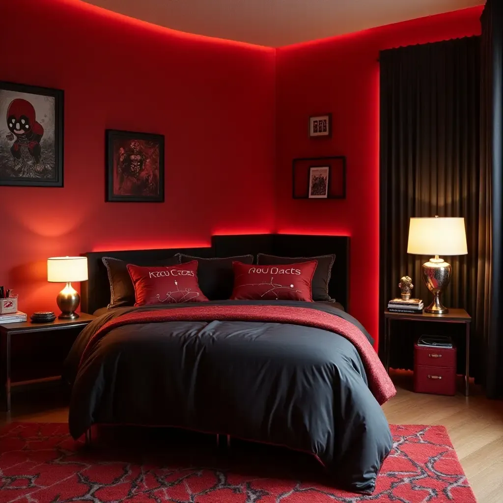 a photo of a bold red and black superhero-themed bedroom