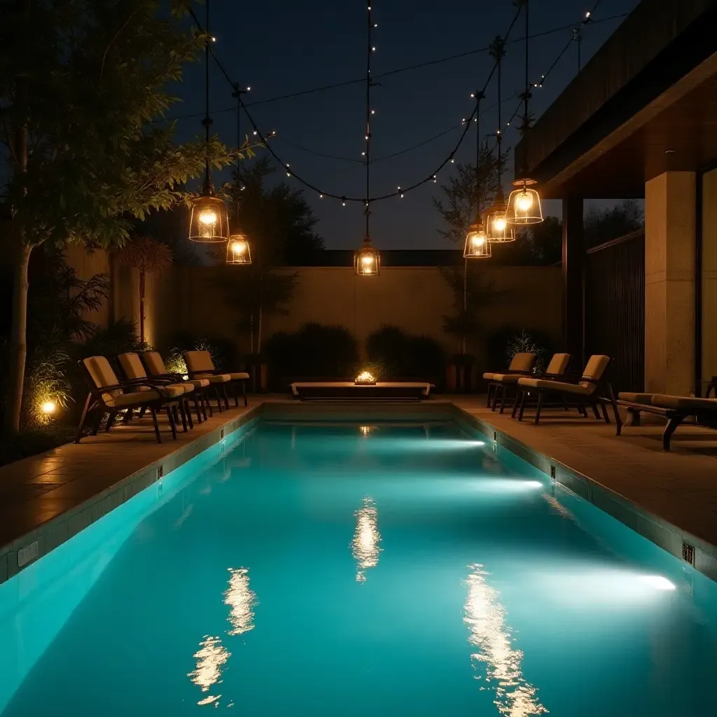 a photo of a chic urban pool with industrial-style pendant lights