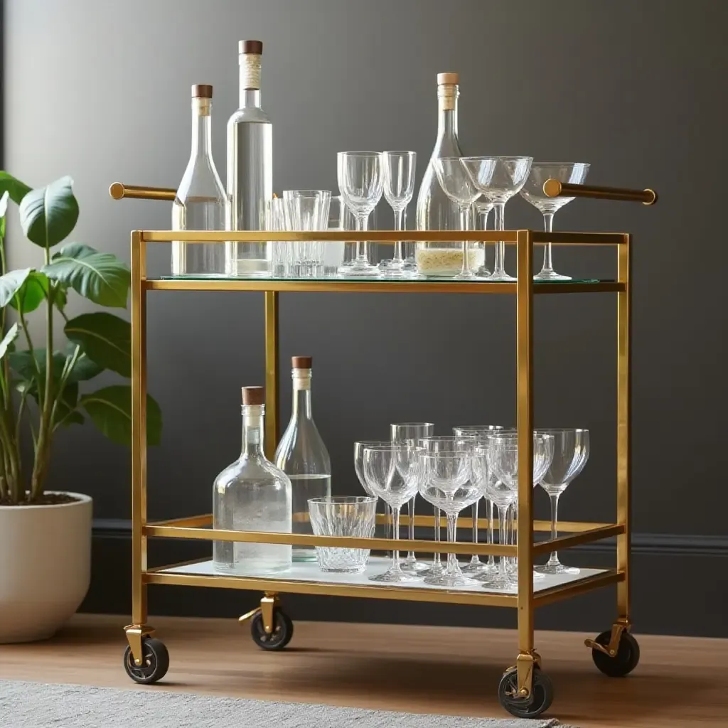 a photo of a sleek bar cart filled with fancy glassware