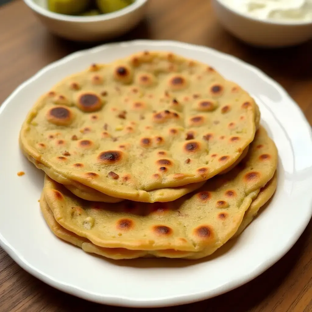 a photo of lentil-stuffed parathas with a side of yogurt and pickles.