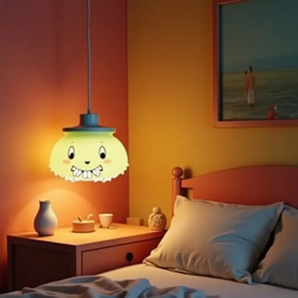 a photo of a fun, cartoon character pendant light in a vibrant bedroom