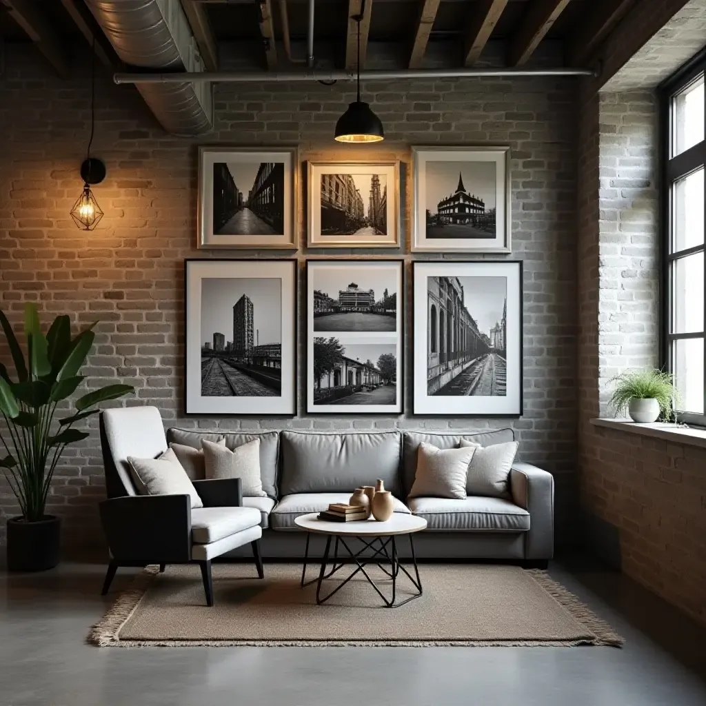 a photo of a gallery wall featuring black and white industrial photography in a basement