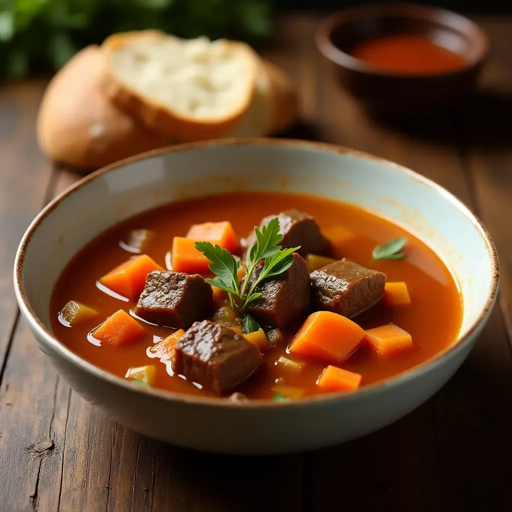 a photo of rich bo kho beef stew soup with carrots and baguette