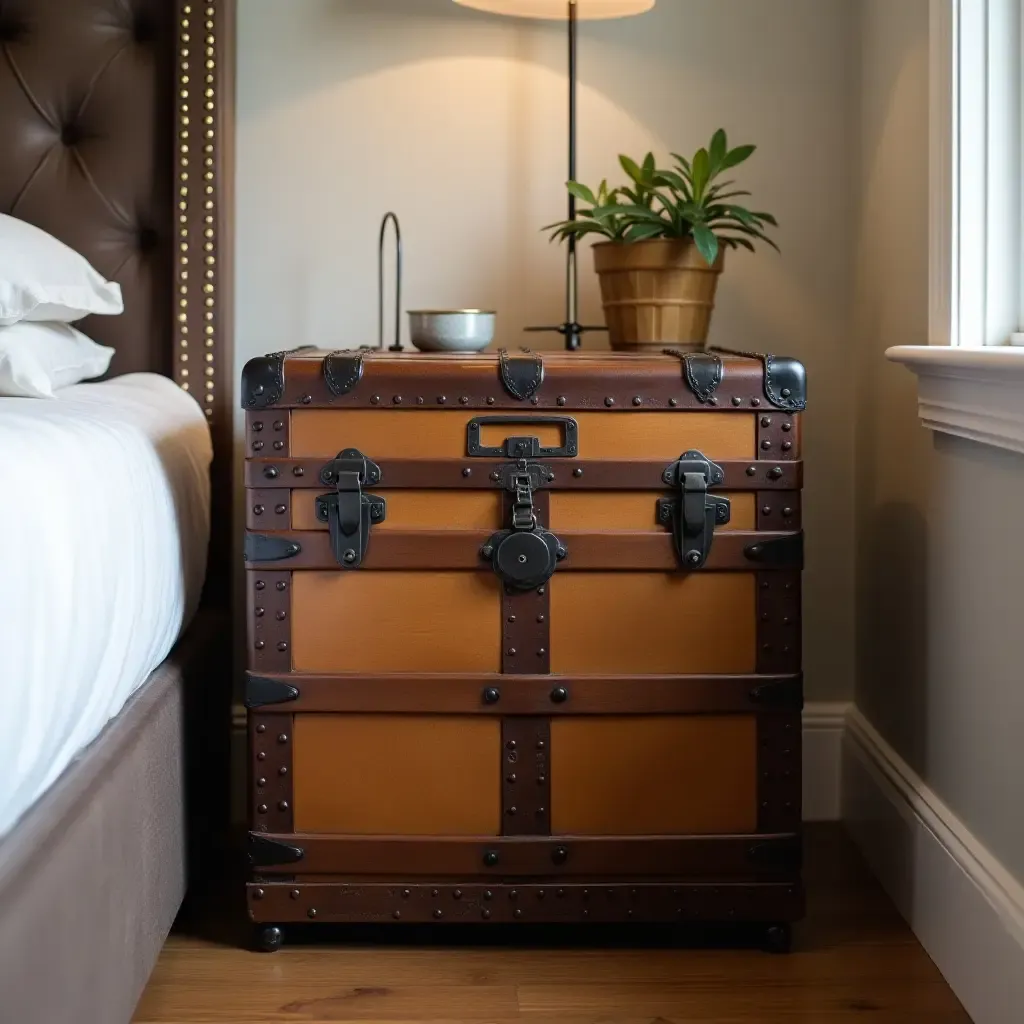 a photo of a vintage trunk used as a bedside table