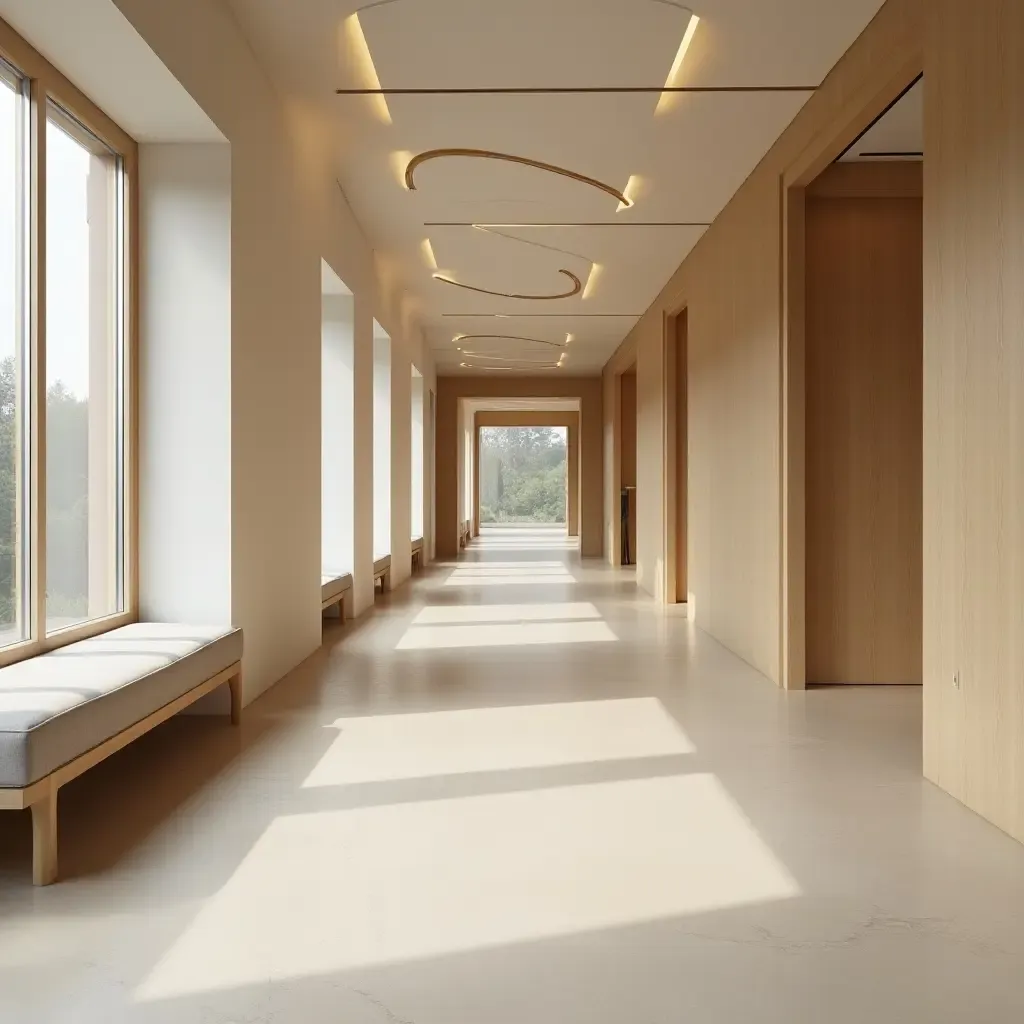 a photo of a modern corridor with a minimalist seating arrangement